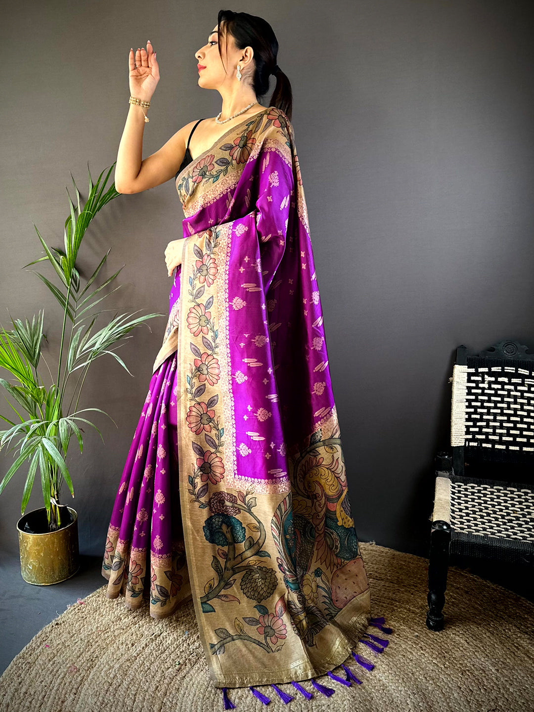 Purple Soft Silk Kalamkari Printed Pallu Saree