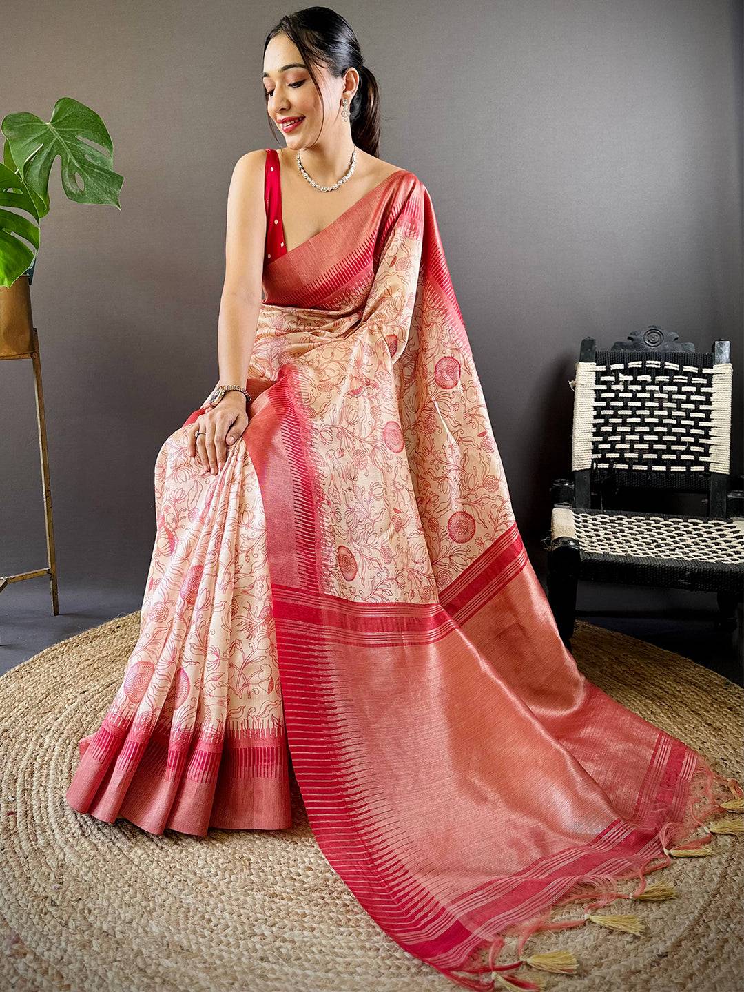 Pink Floral Tussar Silk Saree