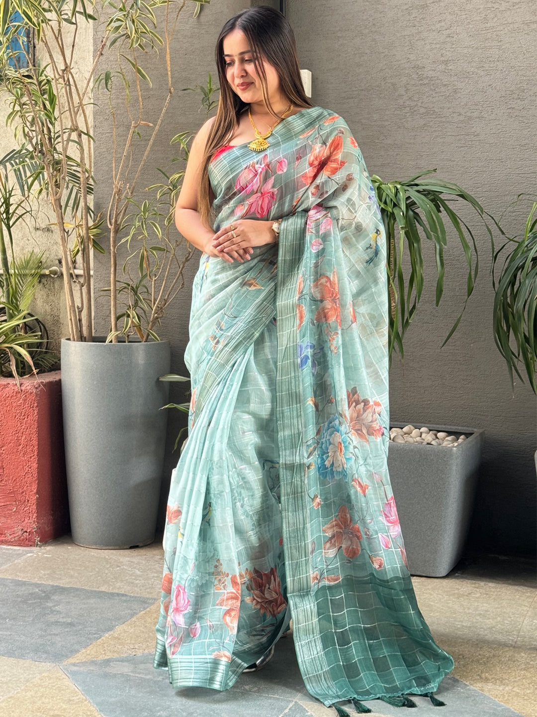 Turquoise Colour Self Zari Chex Weaving Floral Print Saree