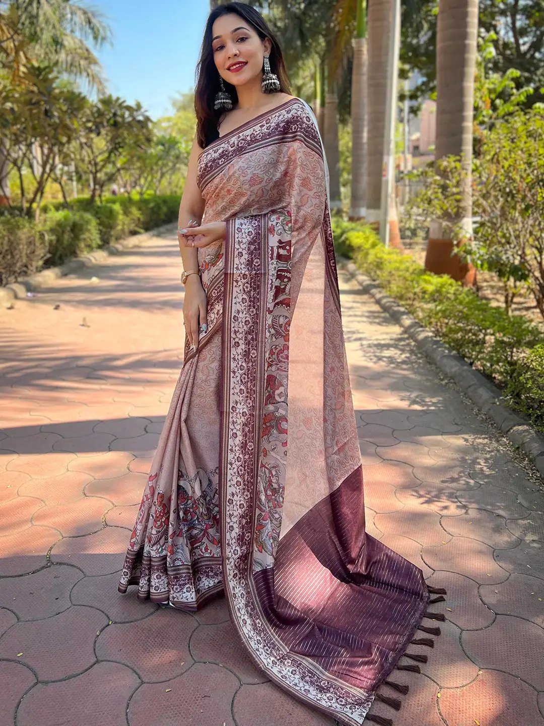  Muvel Colour Satin Kota Doria Saree with Kalamkari Print