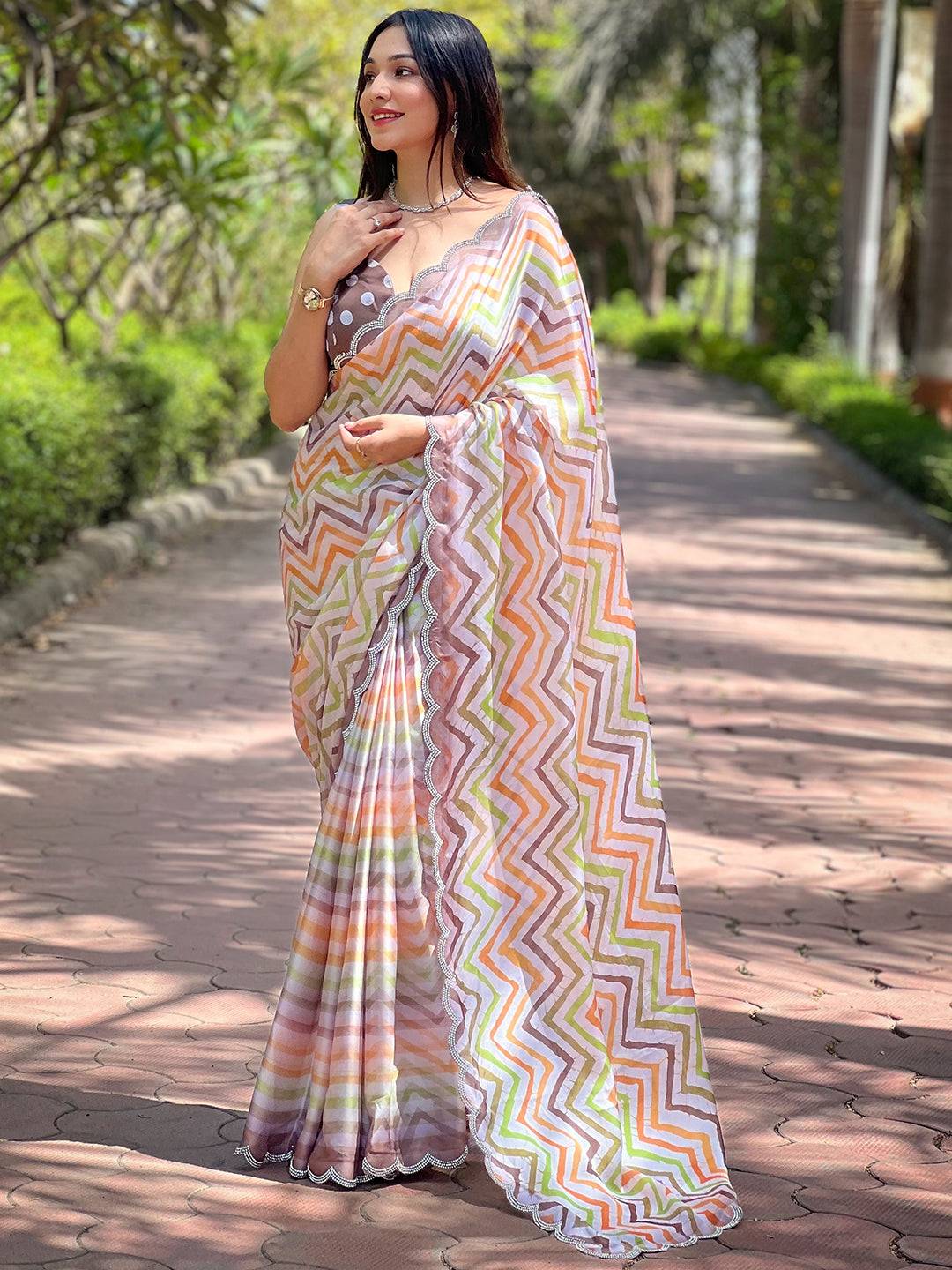 Full view of traditional Leheriya striped saree on model