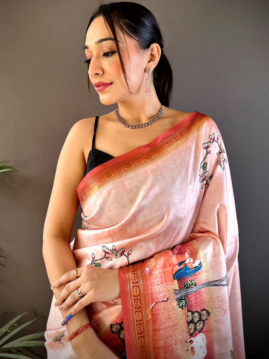 Baby Pink Jungle Printed Silk Saree