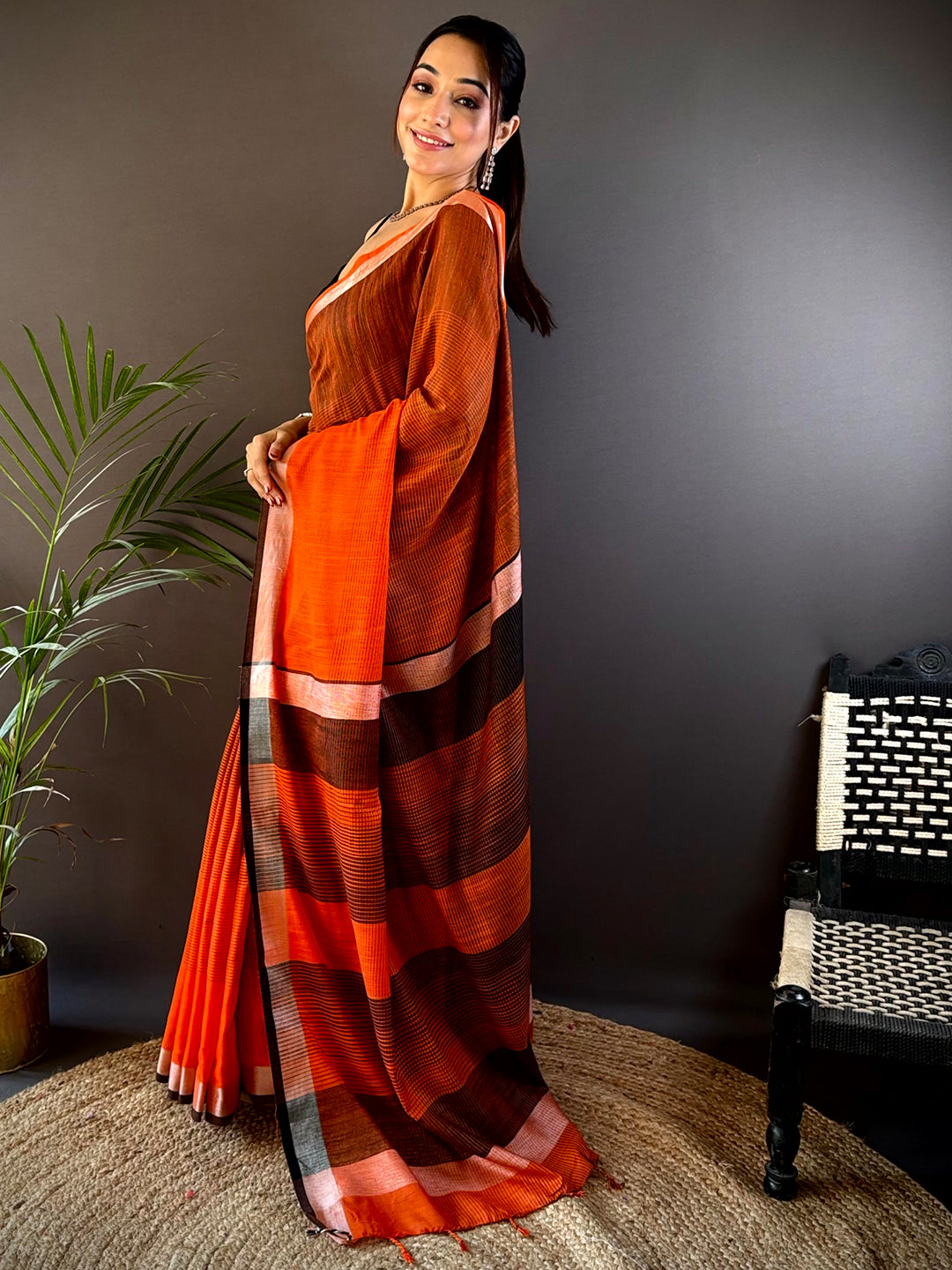 Orange Stylish Linen Saree With Zari Border