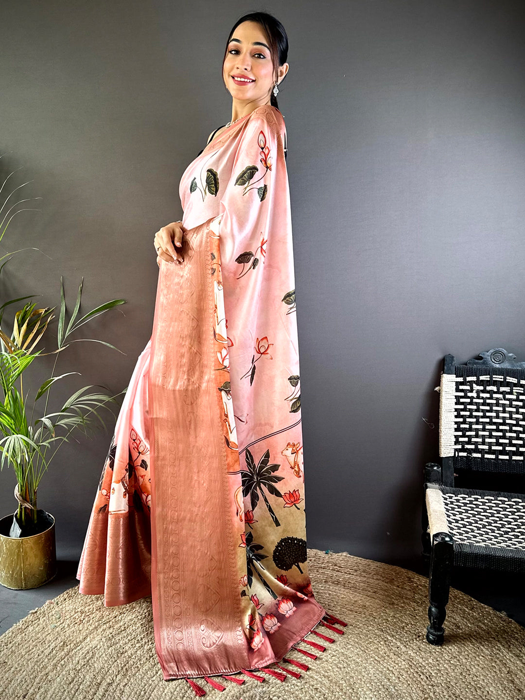 Blush Pink Pichwai Print Soft Silk Saree