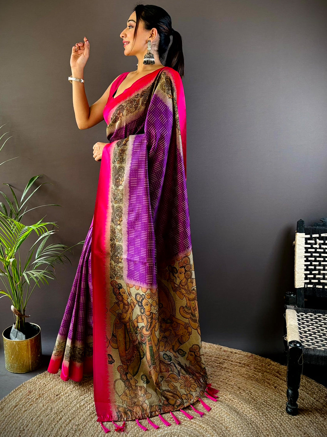 Purple Soft Silk Kalamkari Pallu Saree