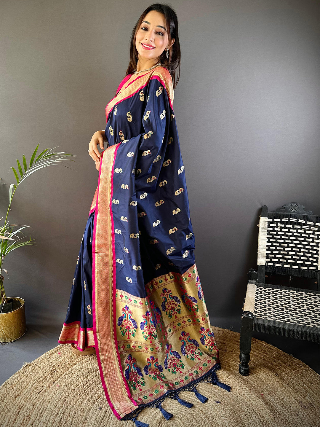 Trendy Yevla Paithani Minakari Work Silk Saree in Navy Colour