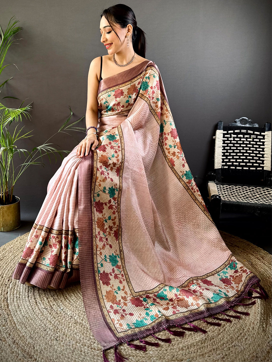 Baby Pink Soft Silk Floral Digital Saree