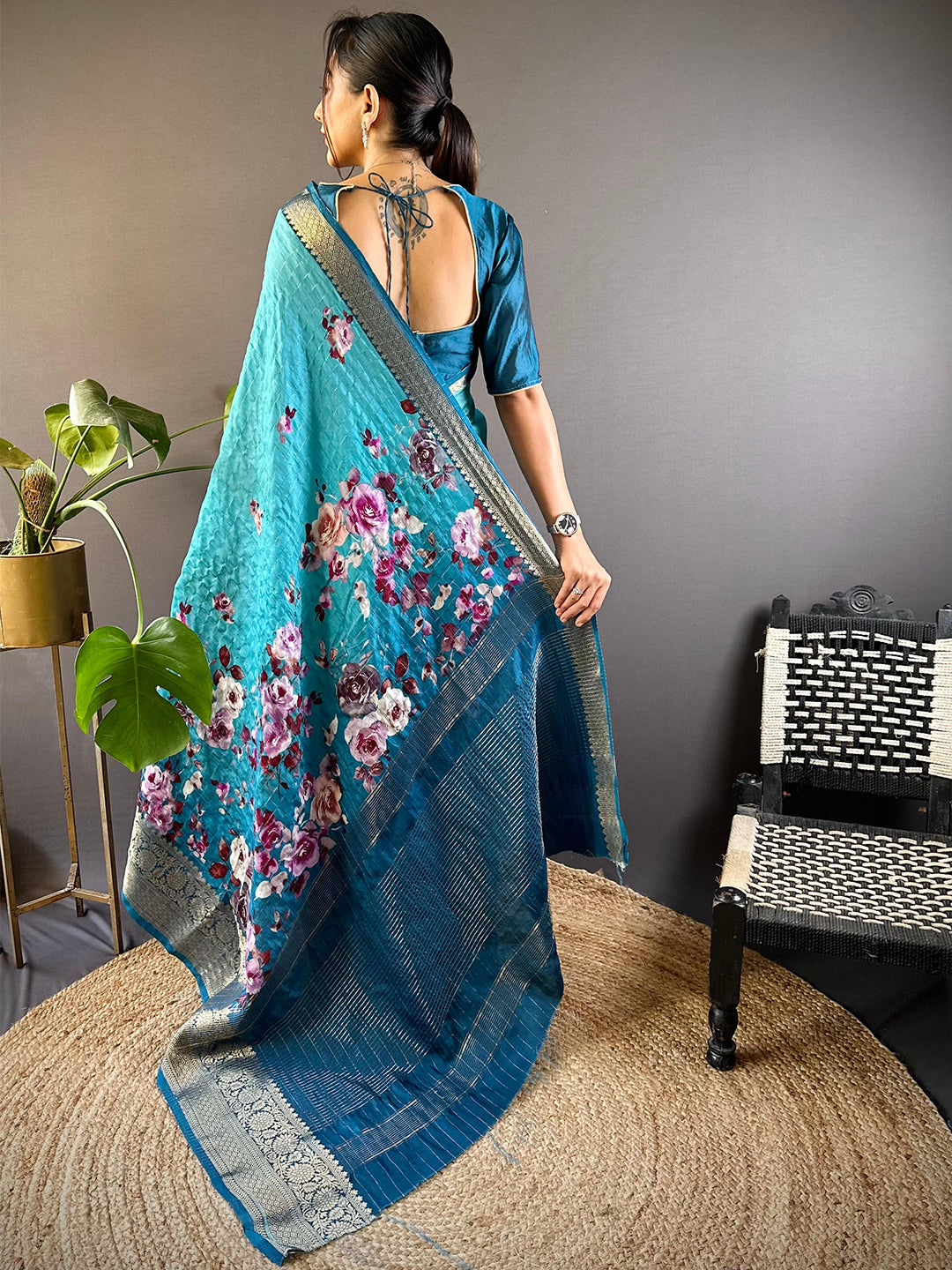 Turquoise Floral Zari Chex Saree