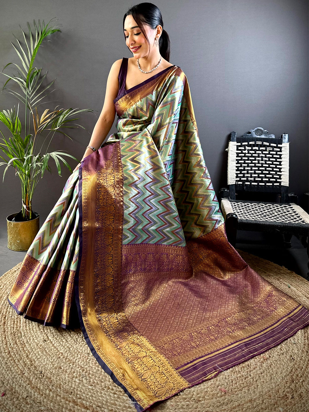 Majestic Brown Zigzag Dharmavaram Silk Saree