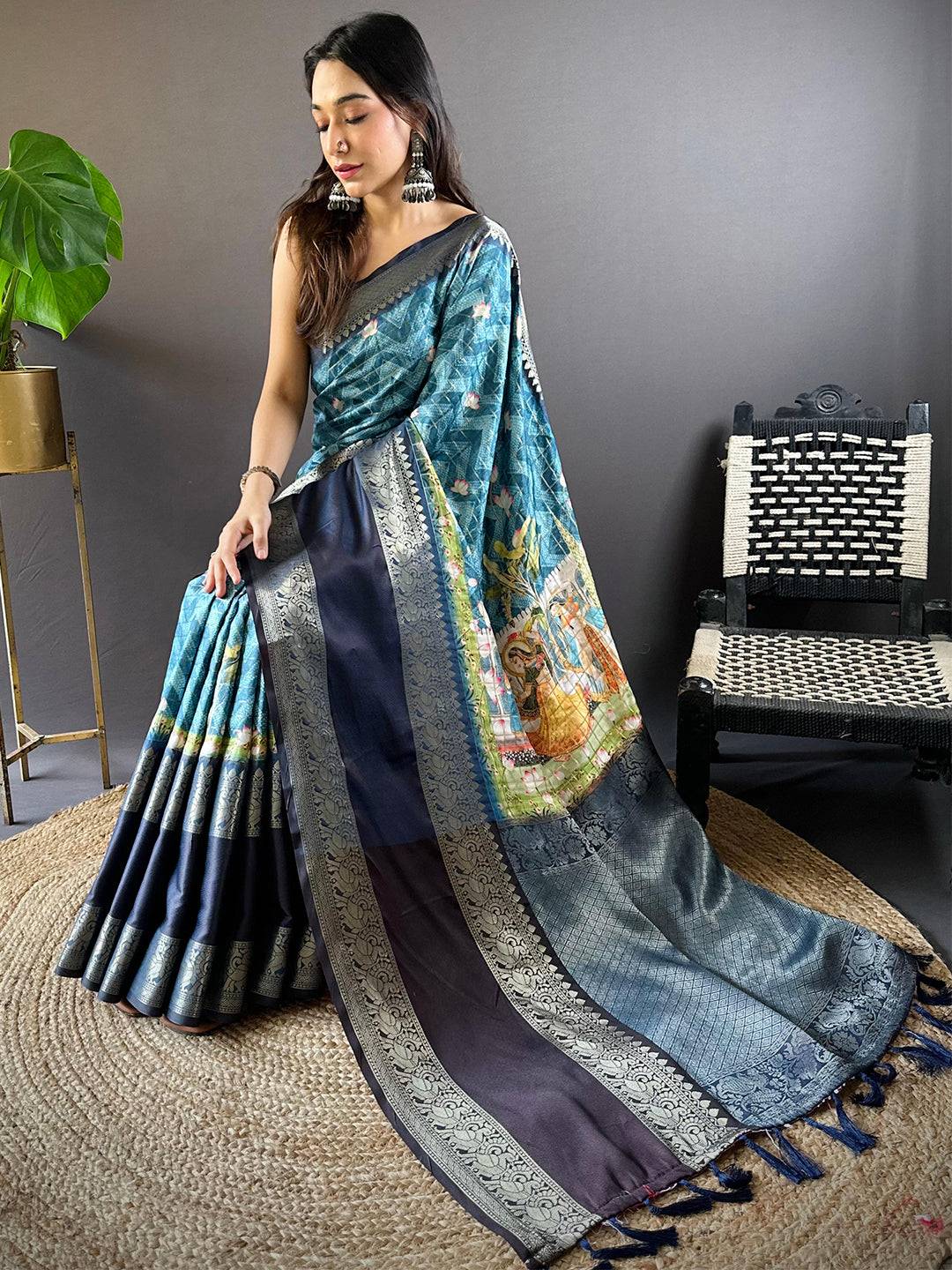 Teal Banarasi Pichwai Print Saree