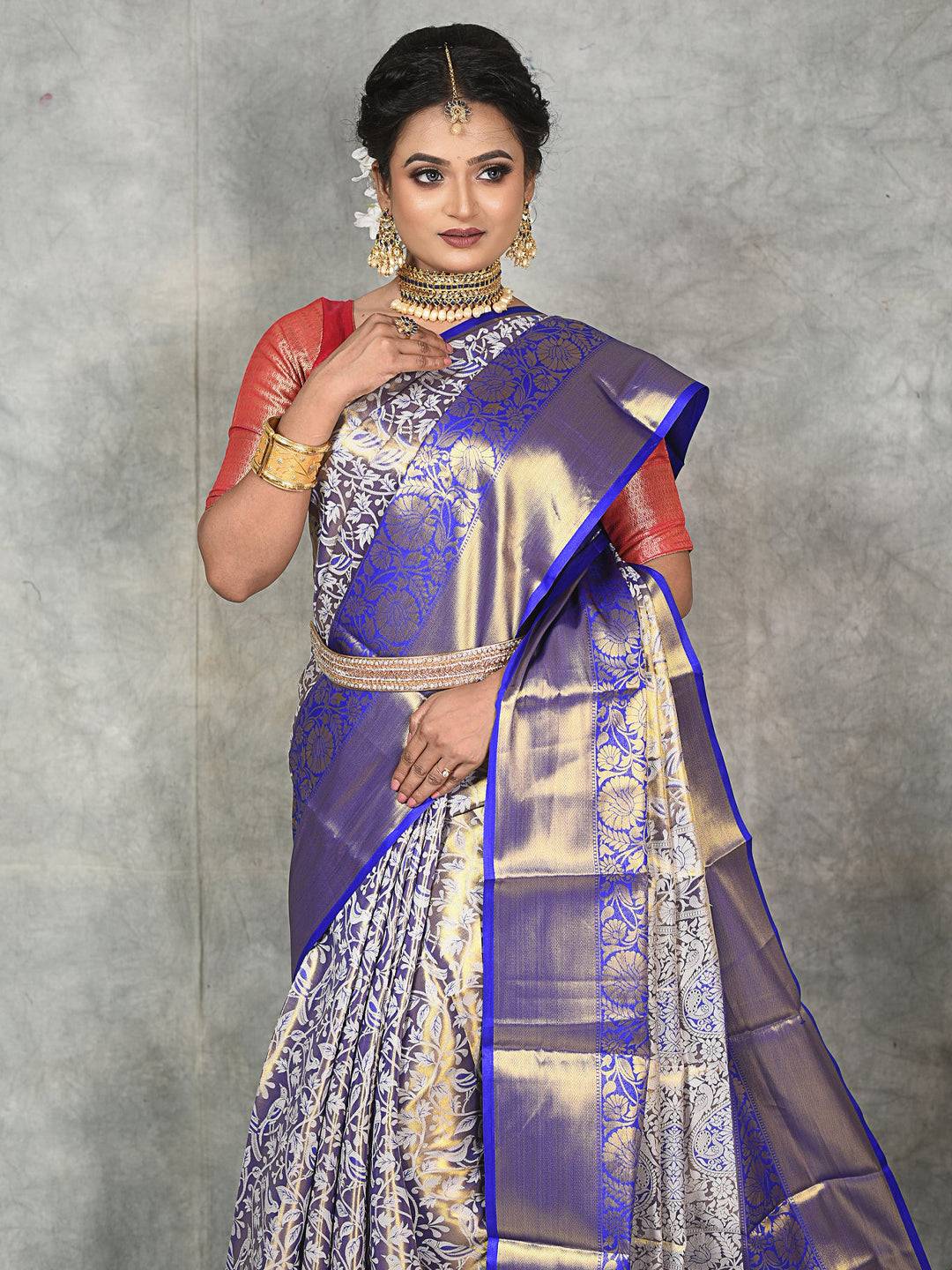 Royal Blue Gold Tissue Silk Saree with intricate silver patterns.