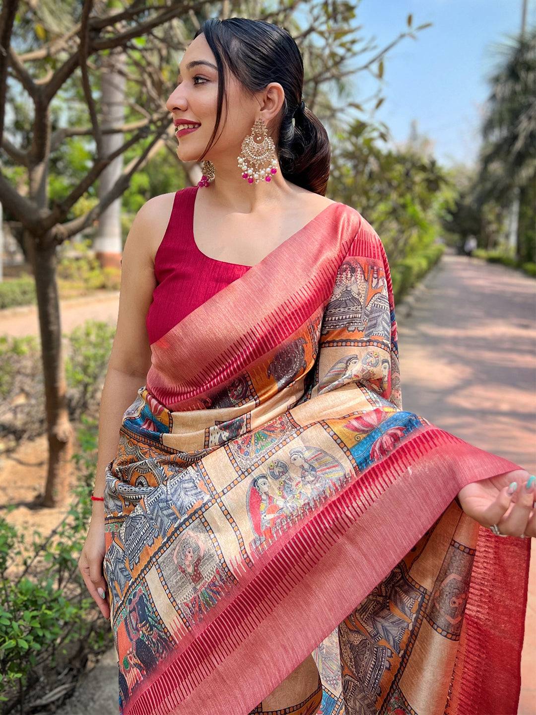 Close-up of Madhubani Kalamkari Block Print on saree