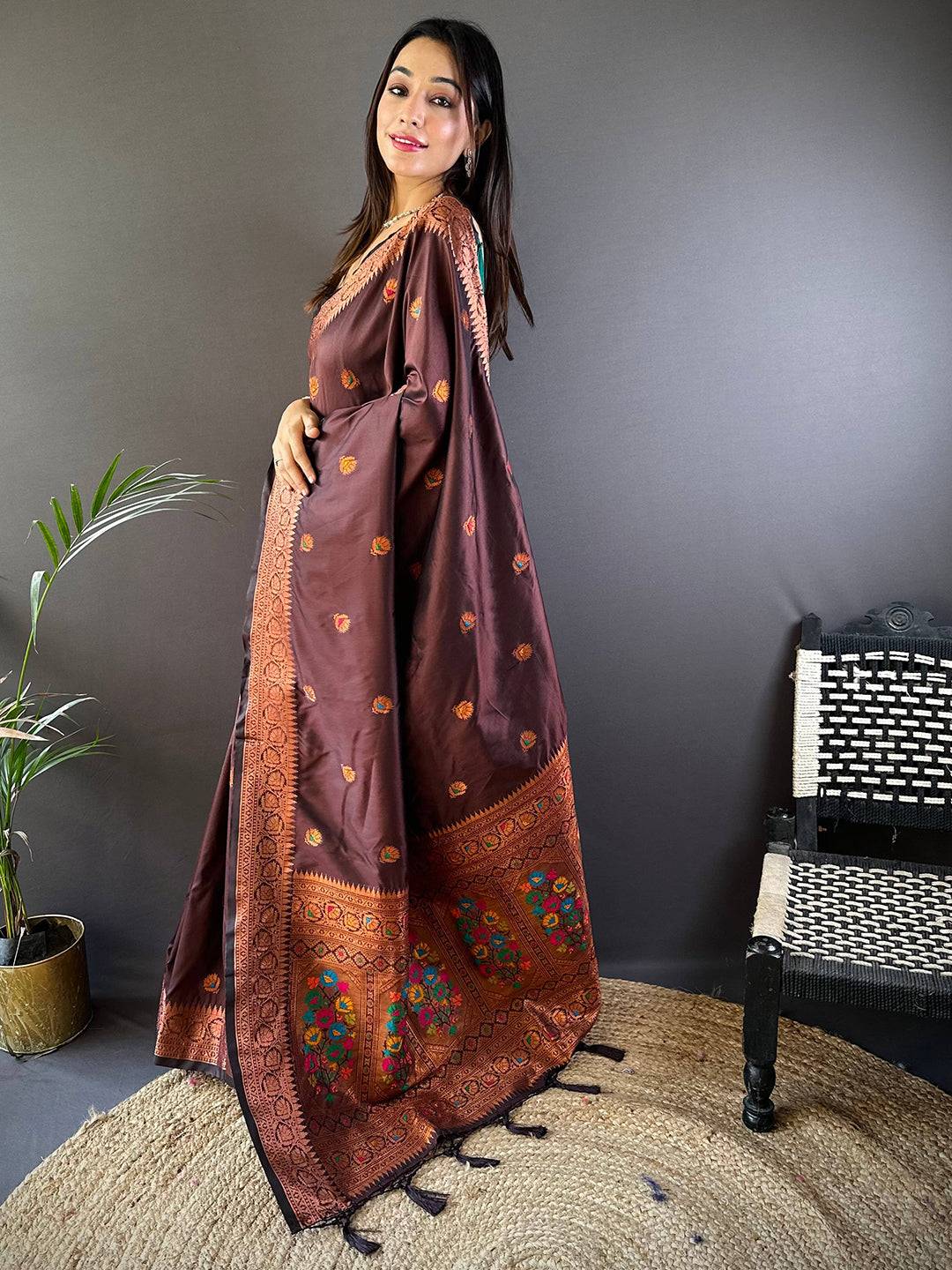 Brown Soft Silk Coppar Zari Weaving Saree