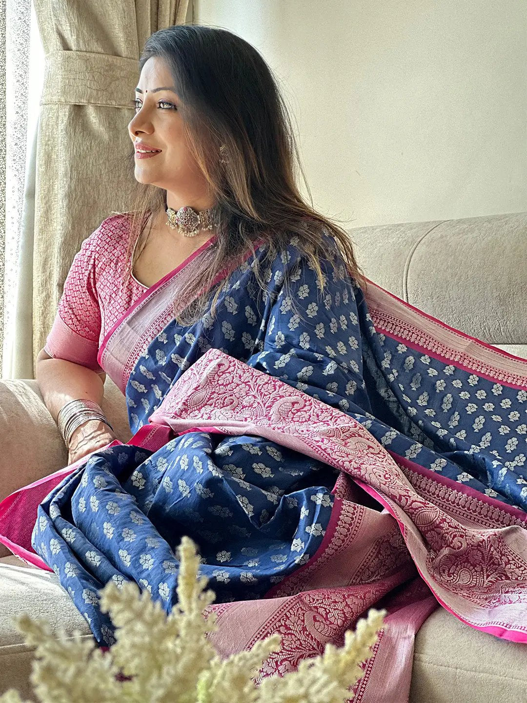 Blue Banarasi Katan Silk Saree with intricate pink border