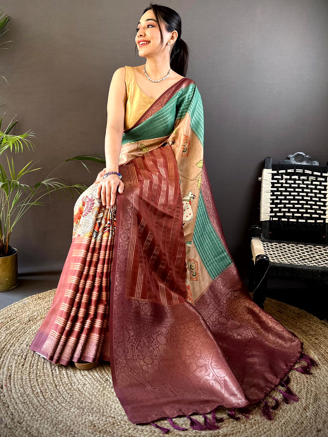 Green Soft Crep Silk Ombre Print Saree