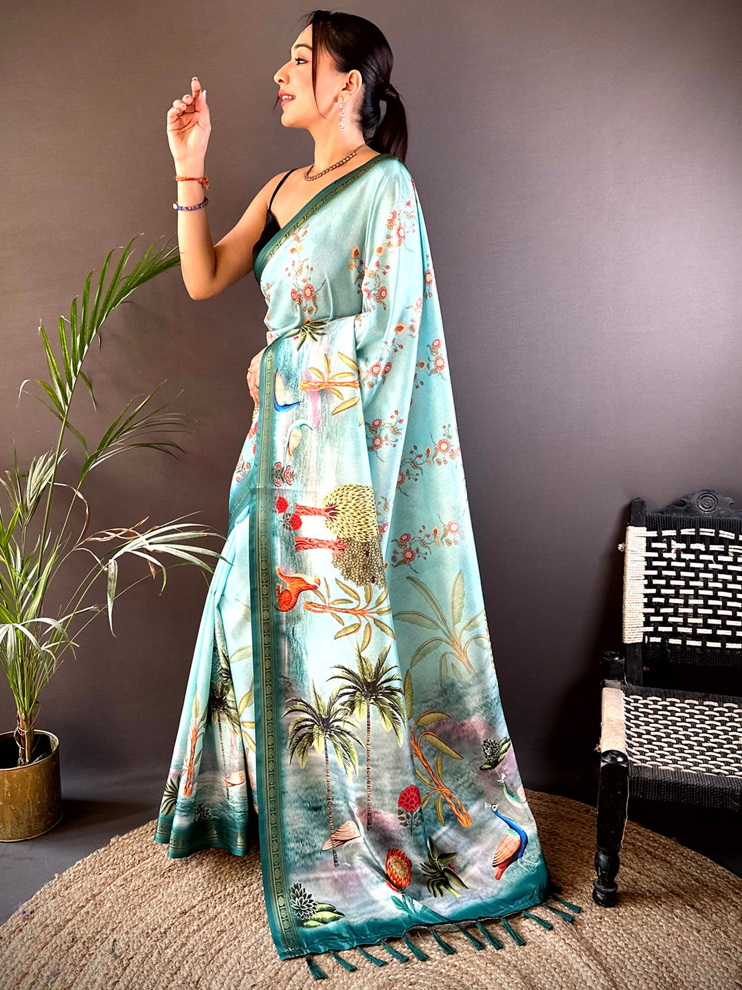 Sky Blue Jungle Printed Silk Saree