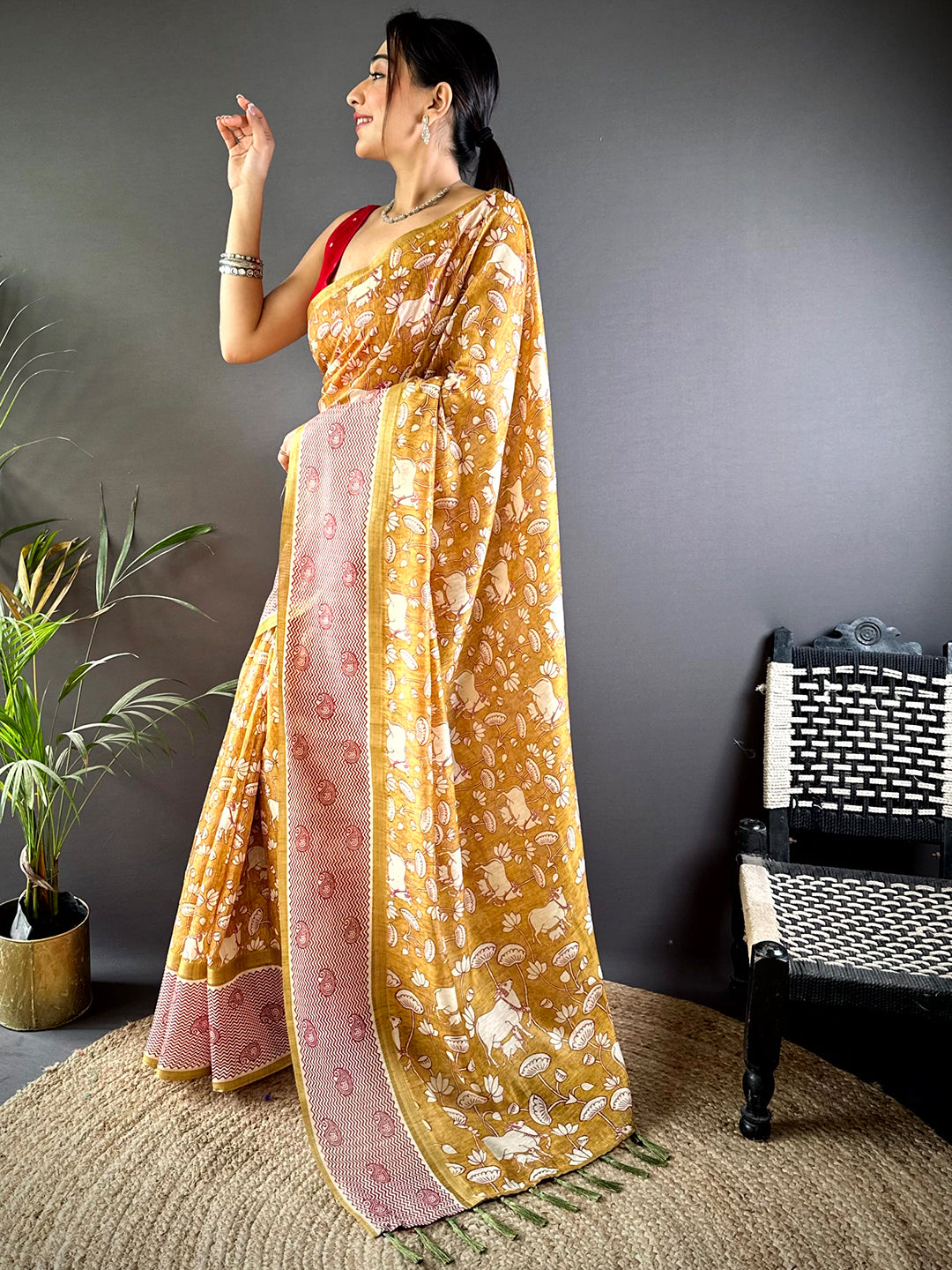 Yellow Chanderi Pichwai Digital Print Saree