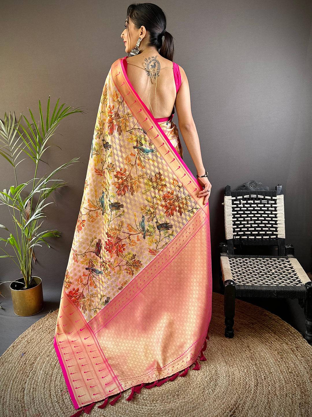 Light Beige Paithani Kora Silk Saree