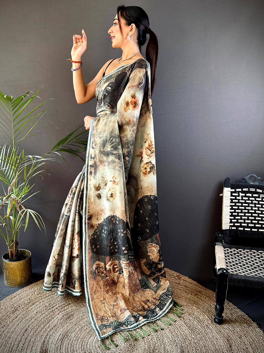 Green Gold Zari Tussar Batik Print Saree