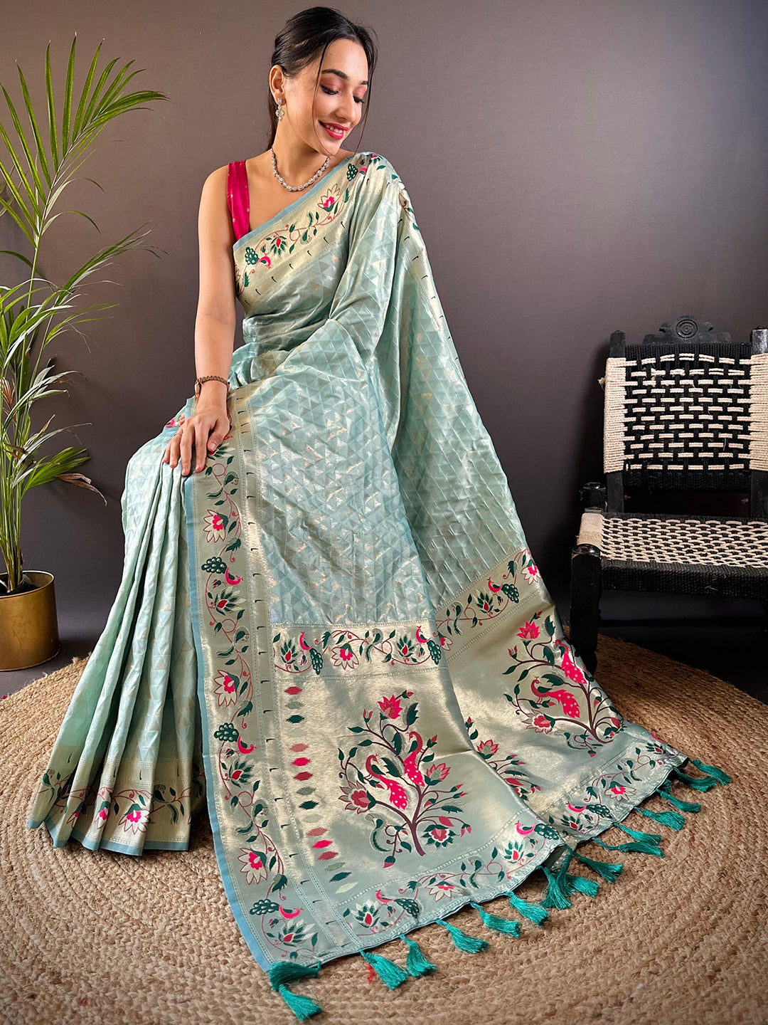 Opulent Sky Blue Paithani Saree with Woven Zari Work