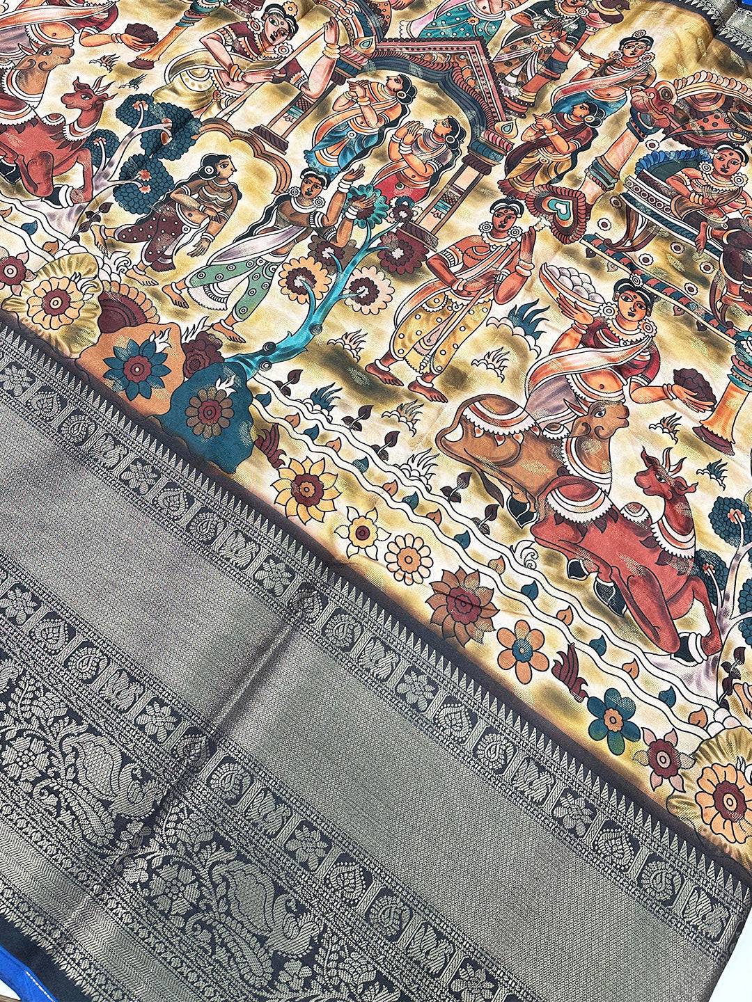 Close-up of Kalamkari design on silk saree