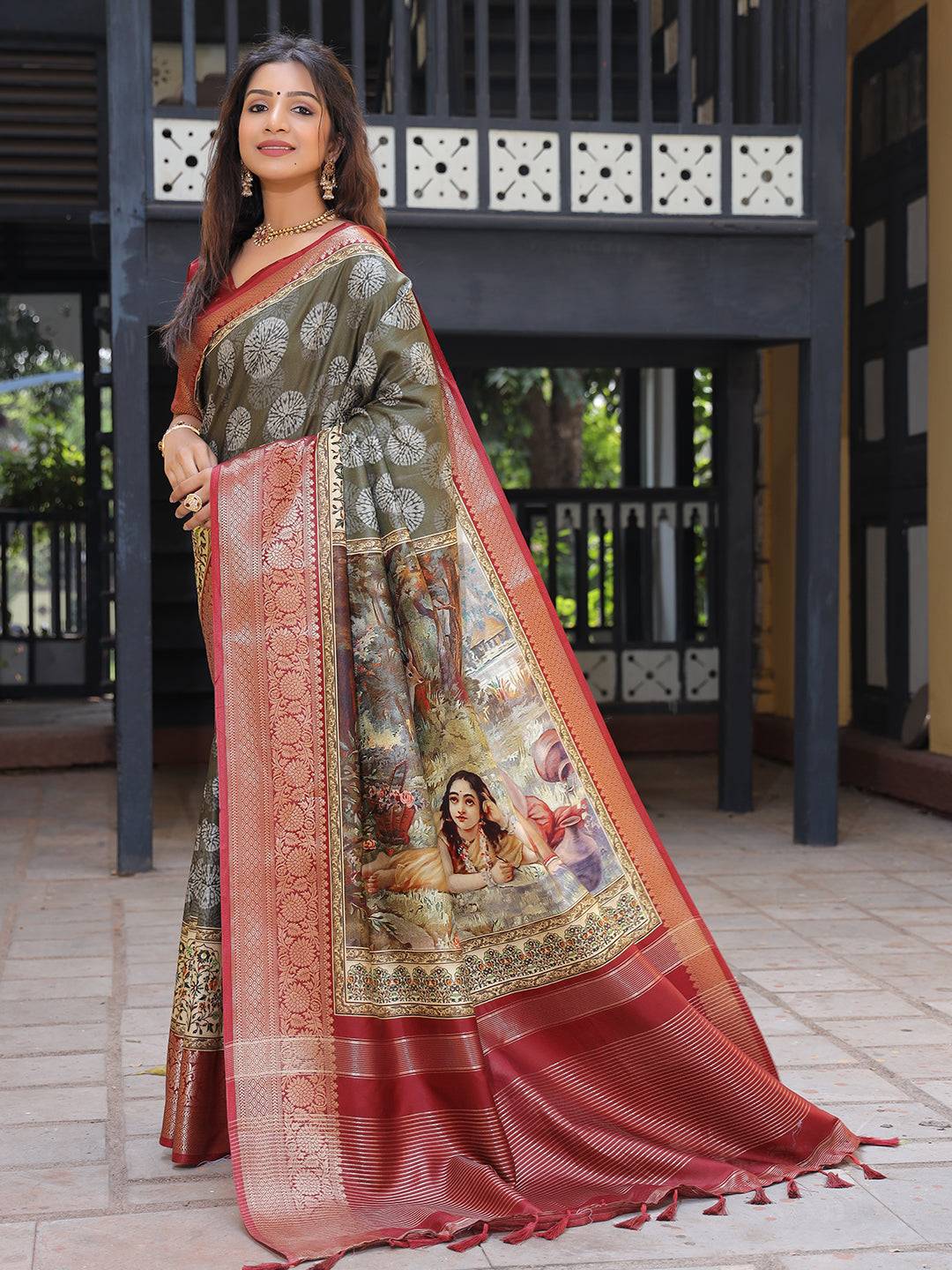 Olive Viscose Dola Silk Saree With Kalamkari & Mughal Print