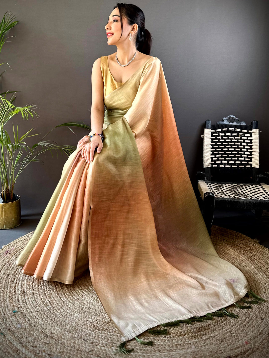 Beige Ombre Chanderi Tissue Saree