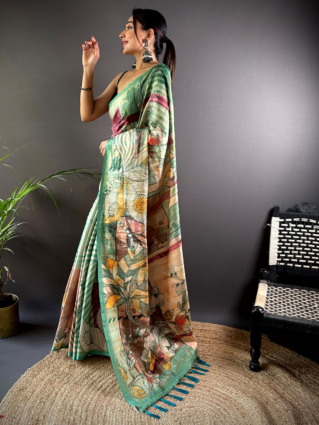 Steel Blue Tussar Silk Lush Botanical Prints Saree