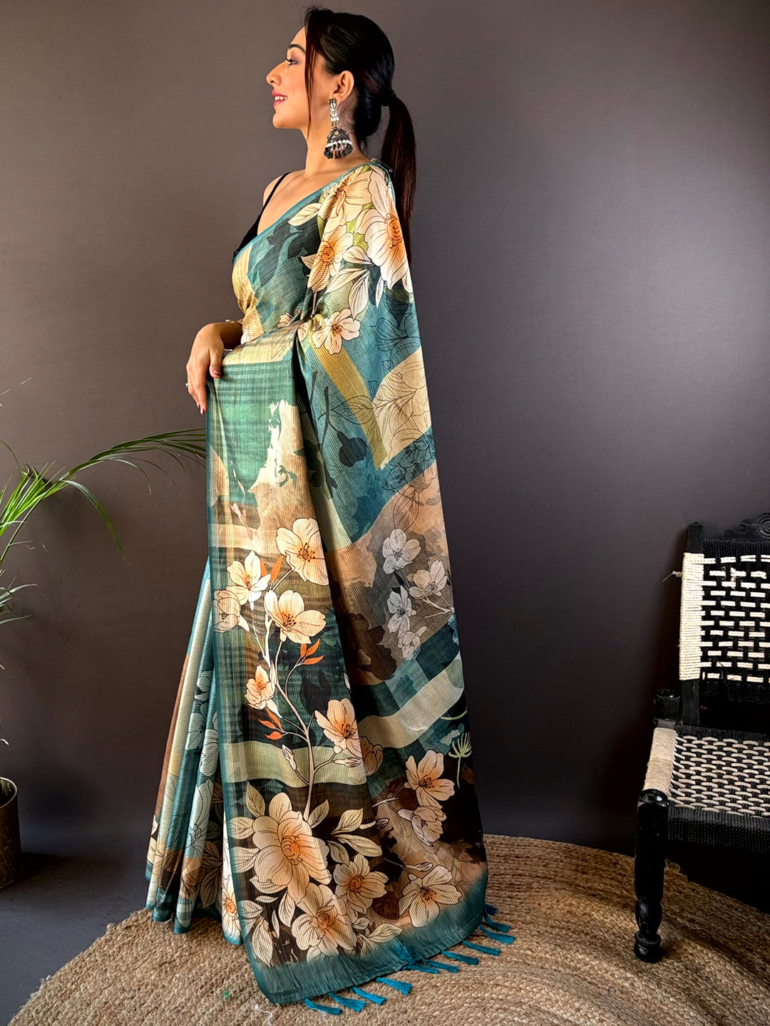 Teal Blue Semi-Gold Zari Abstract Tussar Saree