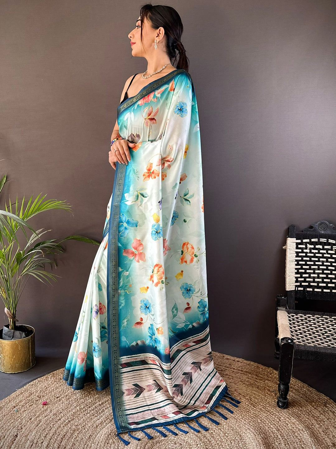 Powder Blue Floral Digital Print Silk Saree