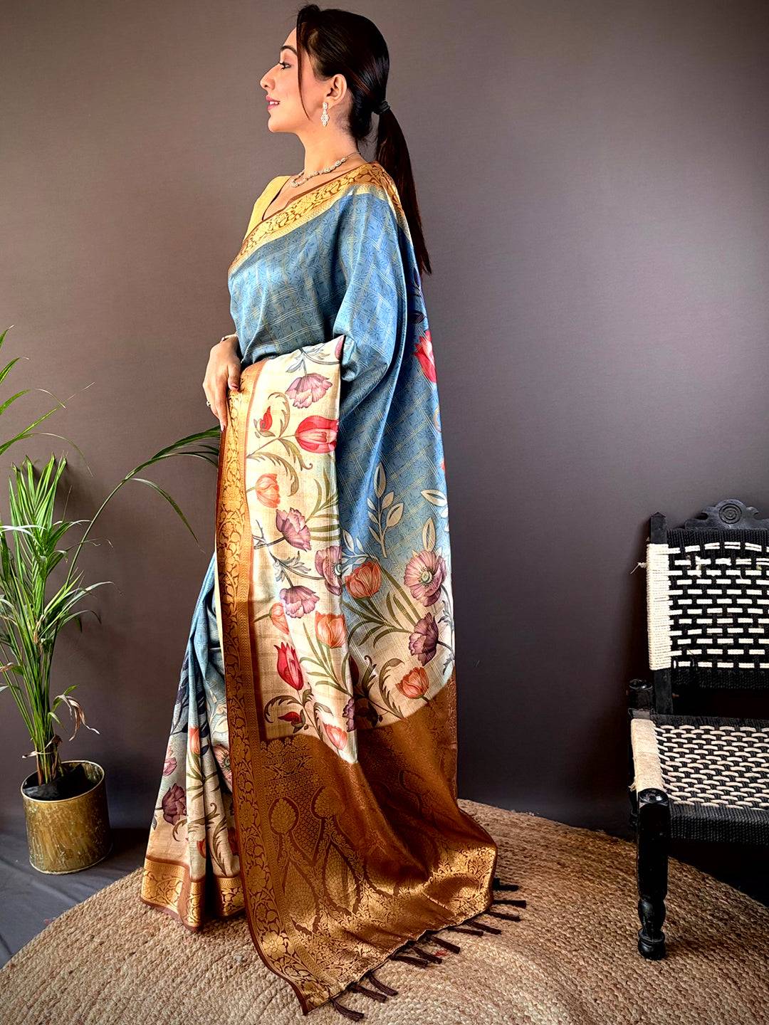 Sky Blue Ombre Floral Digital Print Saree