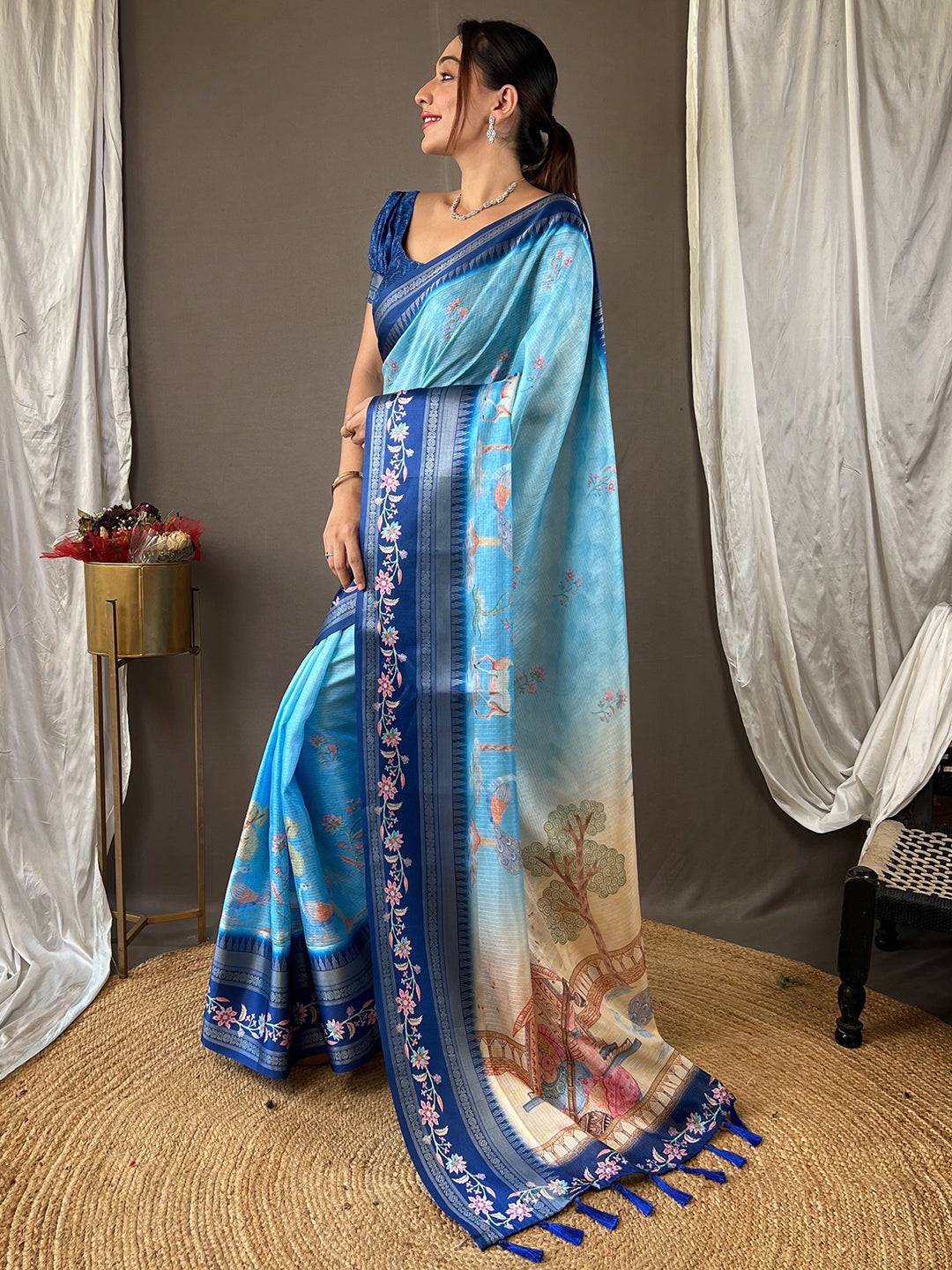 Powder Blue Kota Satin Border Saree