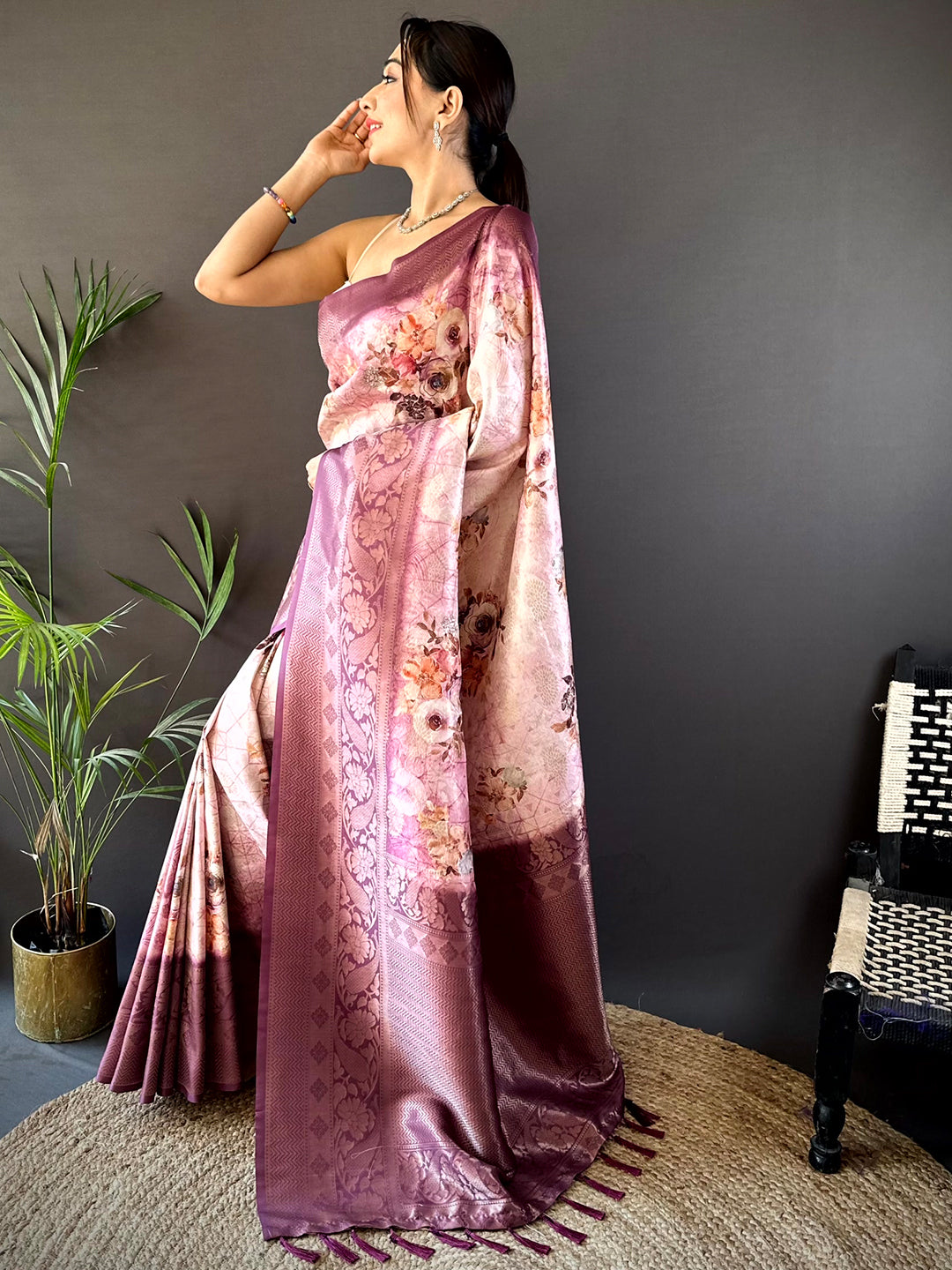 Mauve Kanjivaram Digital Silk Saree