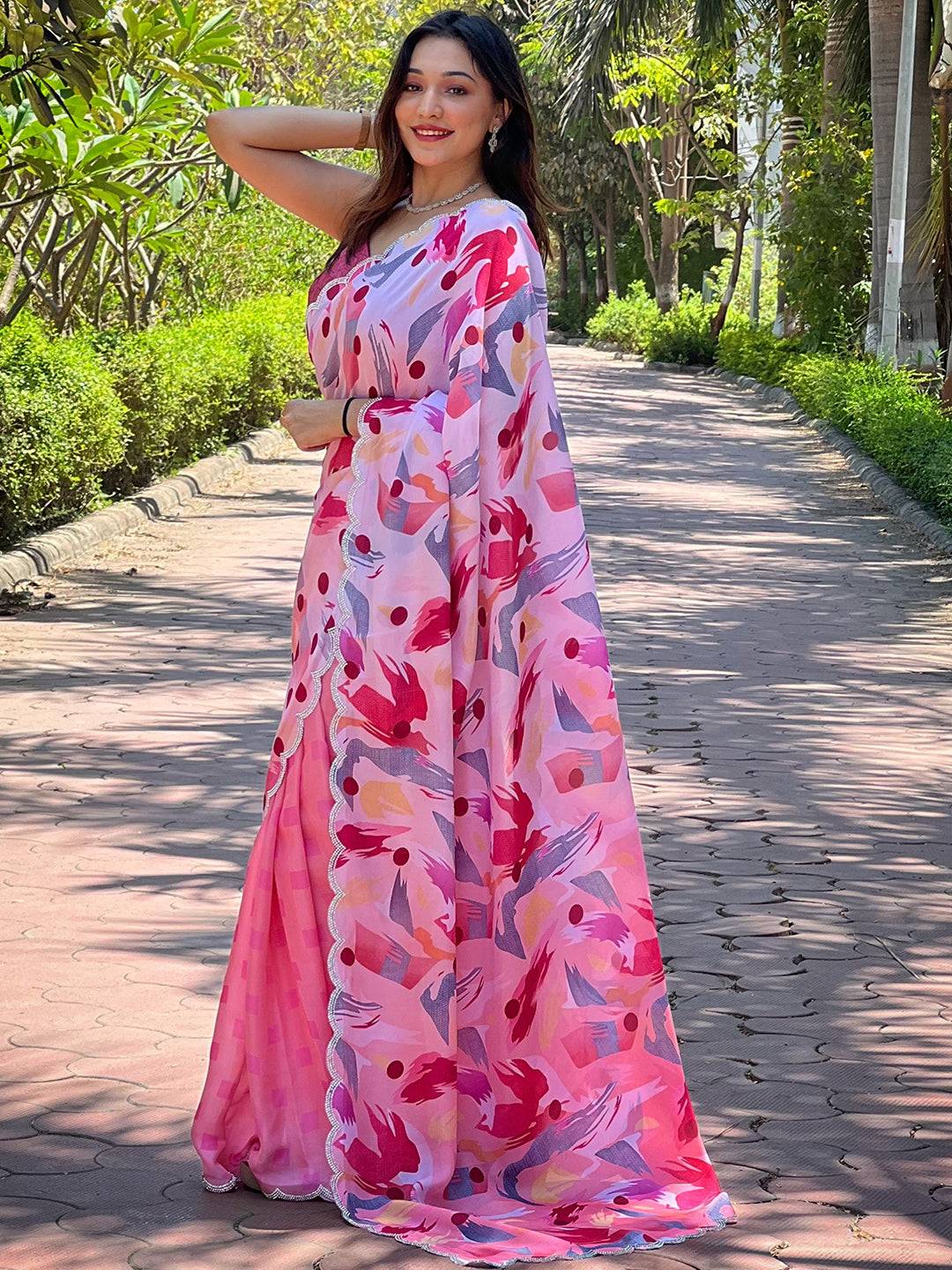 Pink Batik And Polka Dots Print Saree