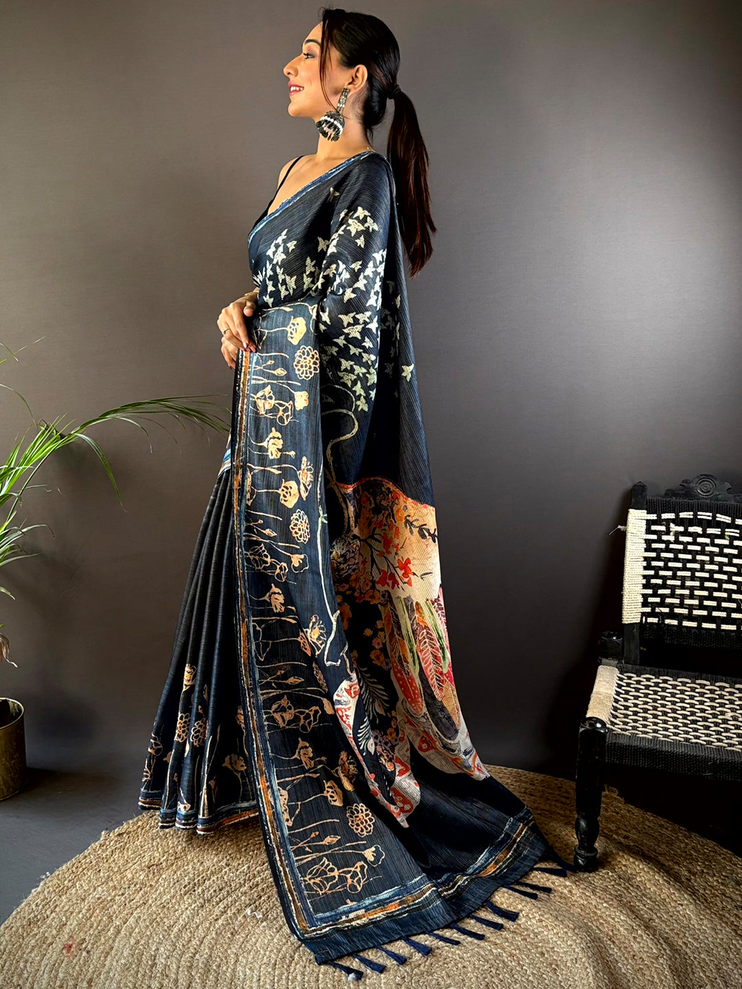 Deep Teal Monochromatic Botanical Print Saree