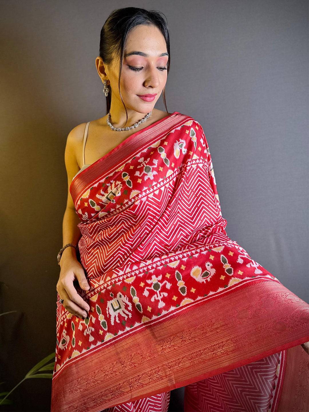 Rose Red Zig Zag Kalamkari Kanchi Silk Saree