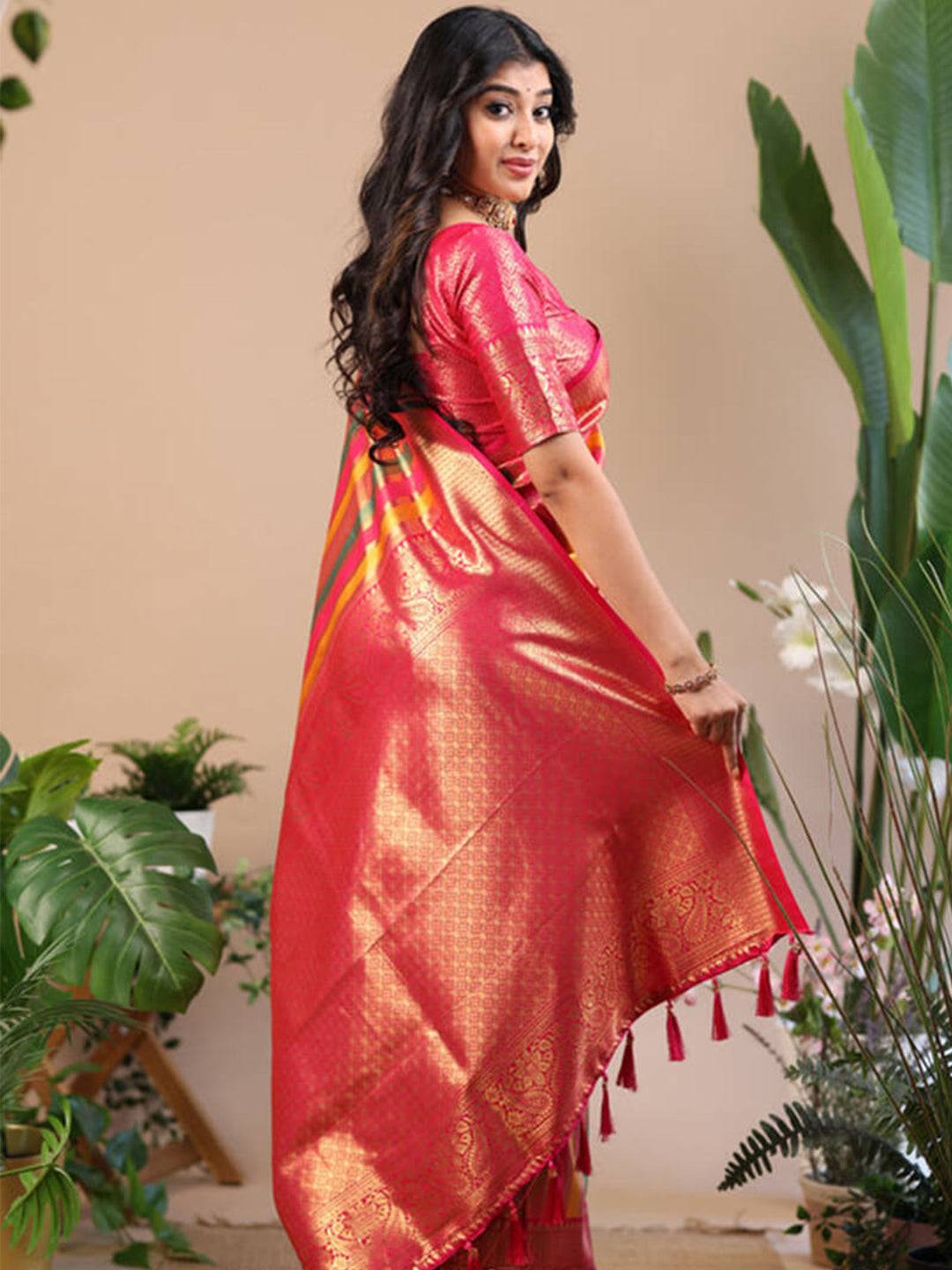 Radiant Pink-Gold Stripe Saree