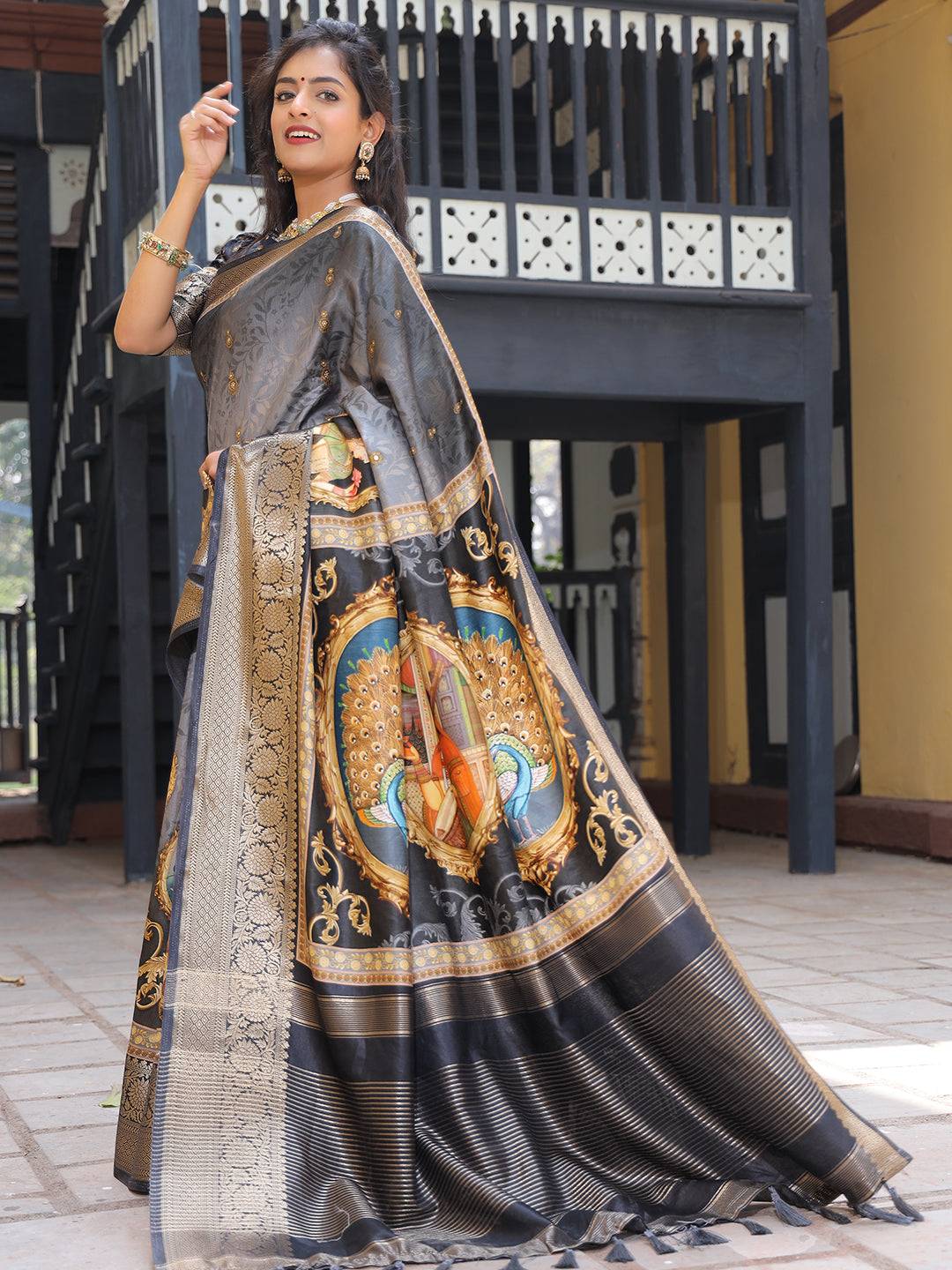 Grey Colour Viscose Dola Silk Saree With Zari Weaving Pallu