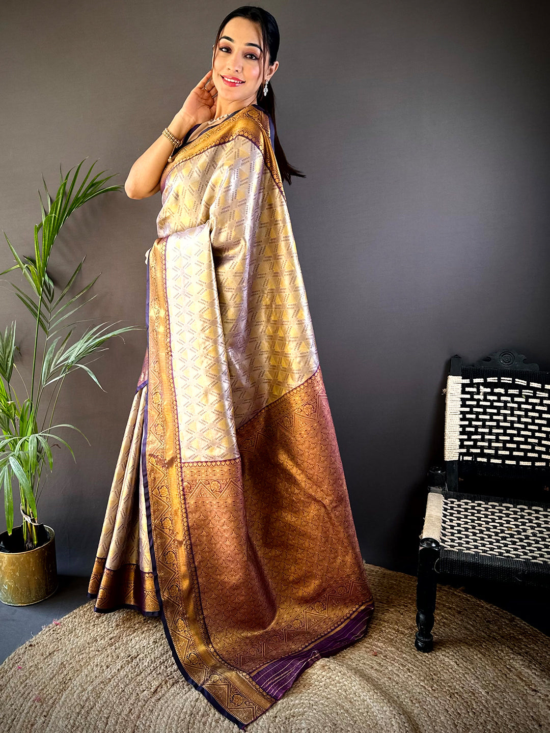 Wine Golden Geometrics With Floral Elegance Saree