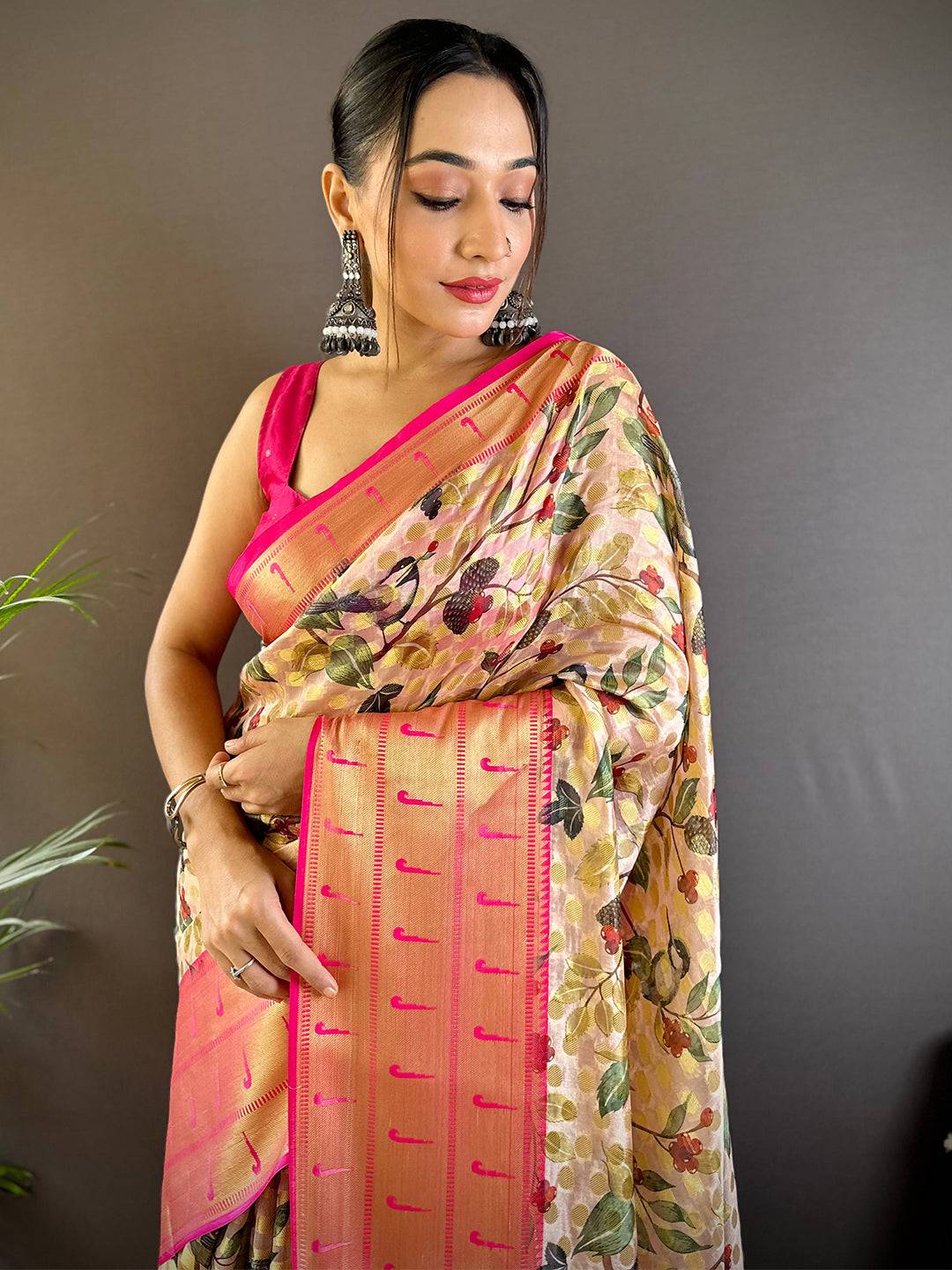 Pastel Cream Paithani Kora Silk Saree