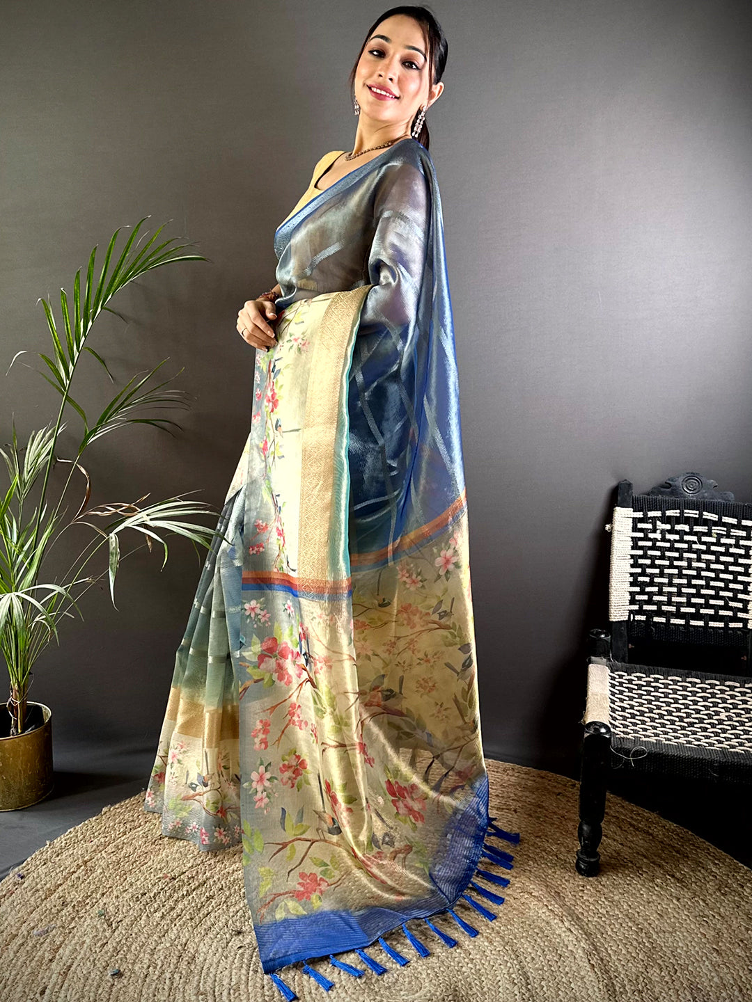 Blue Ombre Zari Tissue Digital Print Saree