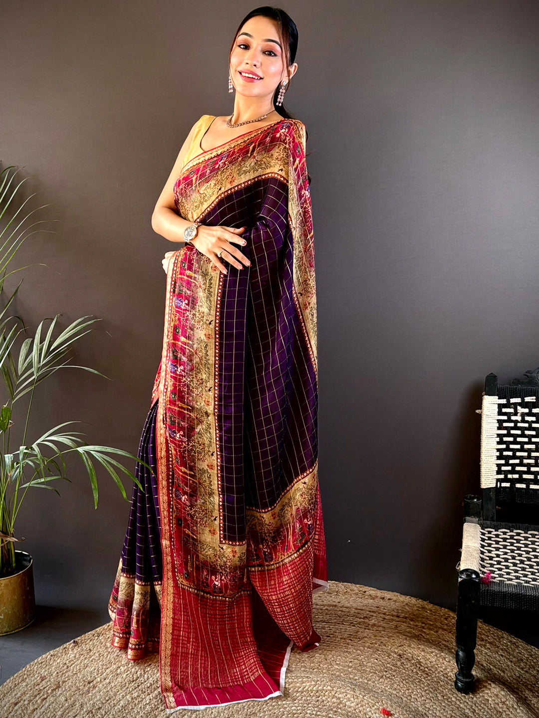 Indigo Chinnon Chiffon Kalamkari Saree