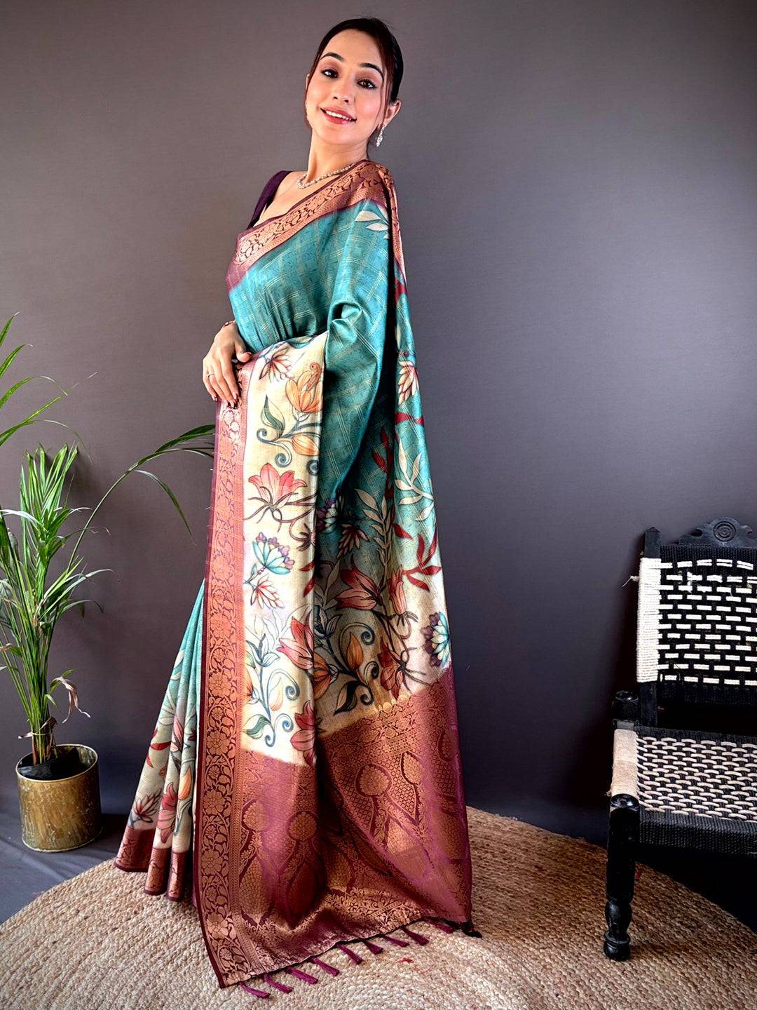 Teal Ombre Floral Digital Print Saree