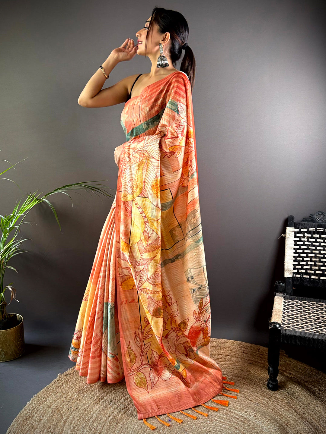 Orange Tussar Silk Lush Botanical Prints Saree