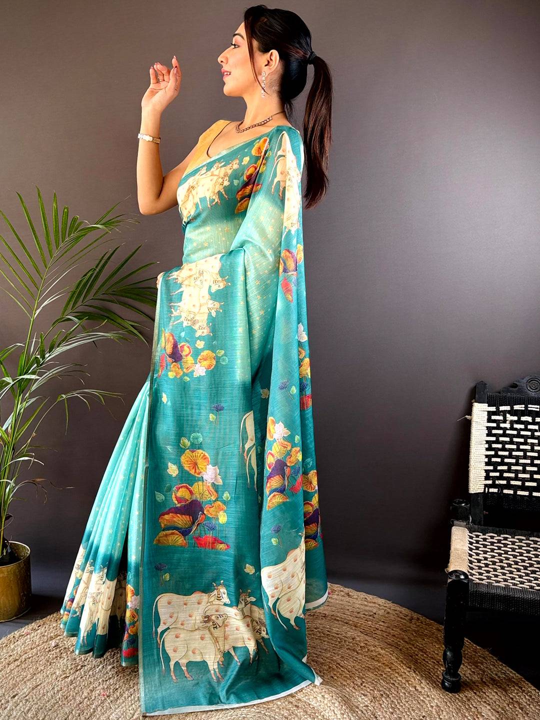 Sky Blue Chanderi Pichwai Print Saree