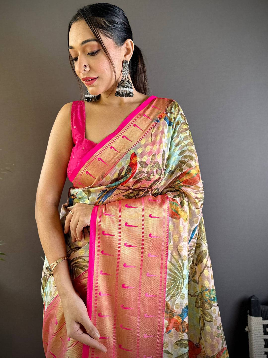 Tan Floral Paithani Kora Silk Saree