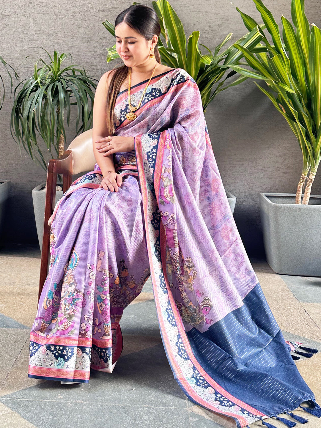 Luxurious Purple Satin Kota Doria Saree with Kalamkari Art