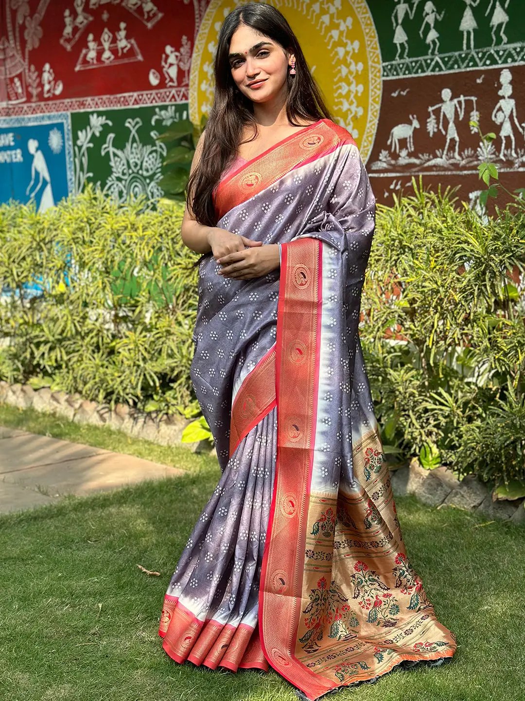 Silk Paithani Saree With Bandhej Print Minakari Pallu