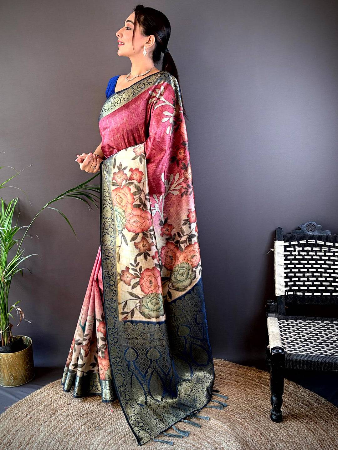 Rani Ombre Floral Digital Print Saree