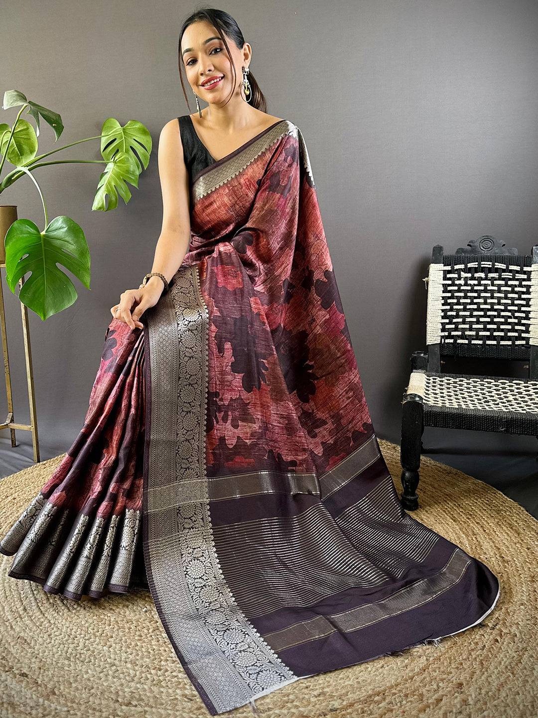 Maroon Zari Woven Floral Dola Silk Saree